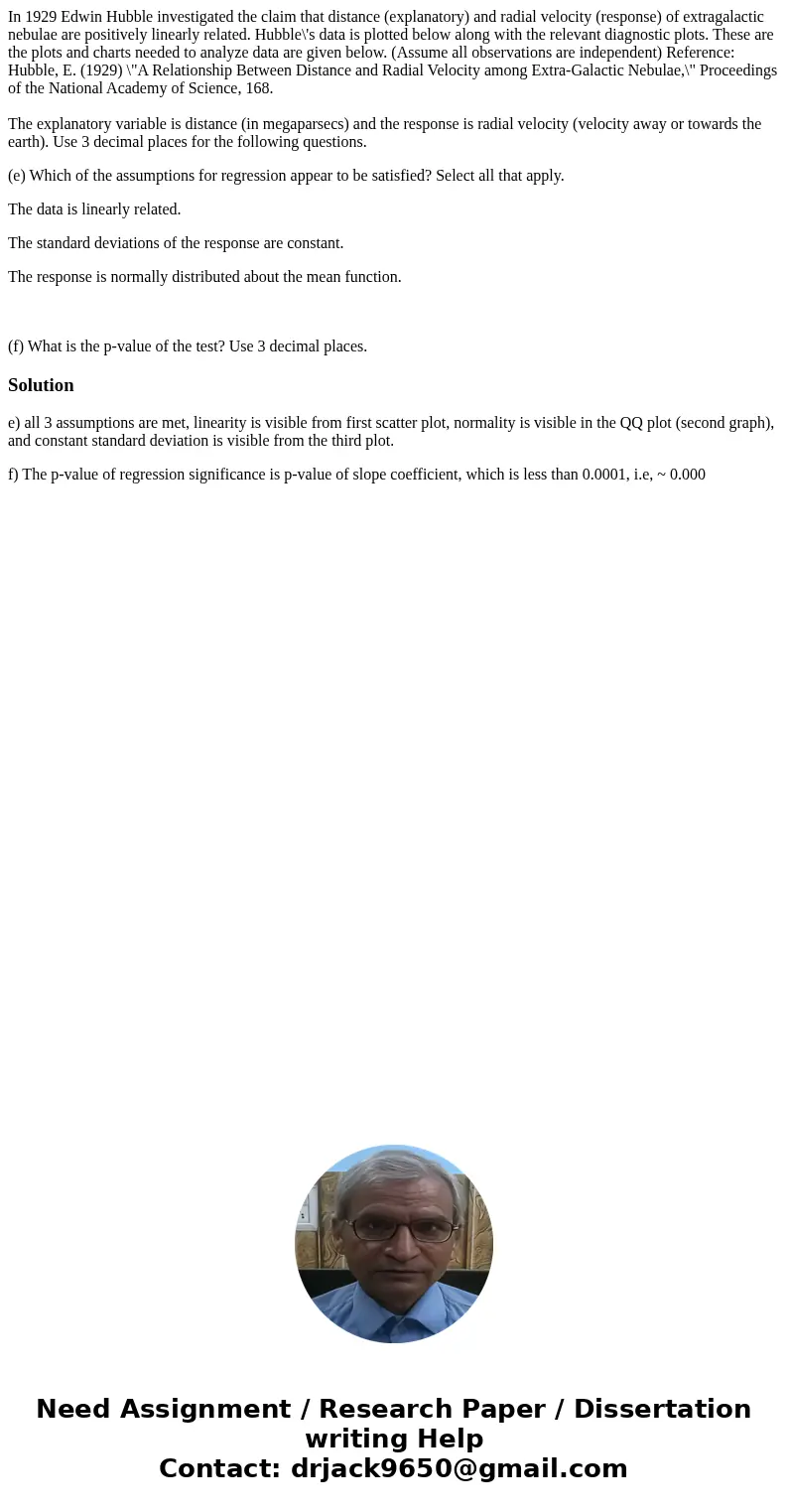 In 1929 Edwin Hubble investigated the claim that distance (explanatory) and radial velocity (response) of extragalactic nebulae are positively linearly related. In 1929 Edwin Hubble investigated the claim that distance (explanatory) and radial velocity (response) of extragalactic nebulae are positively linearly related.