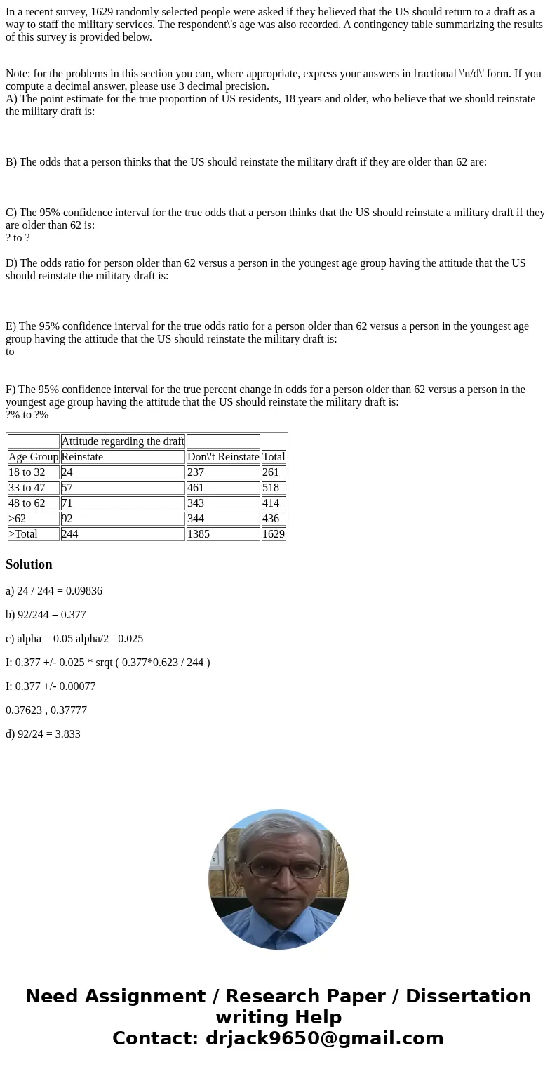 In a recent survey, 1629 randomly selected people were asked if they believed that the US should return to a draft as a way to staff the military services. The 