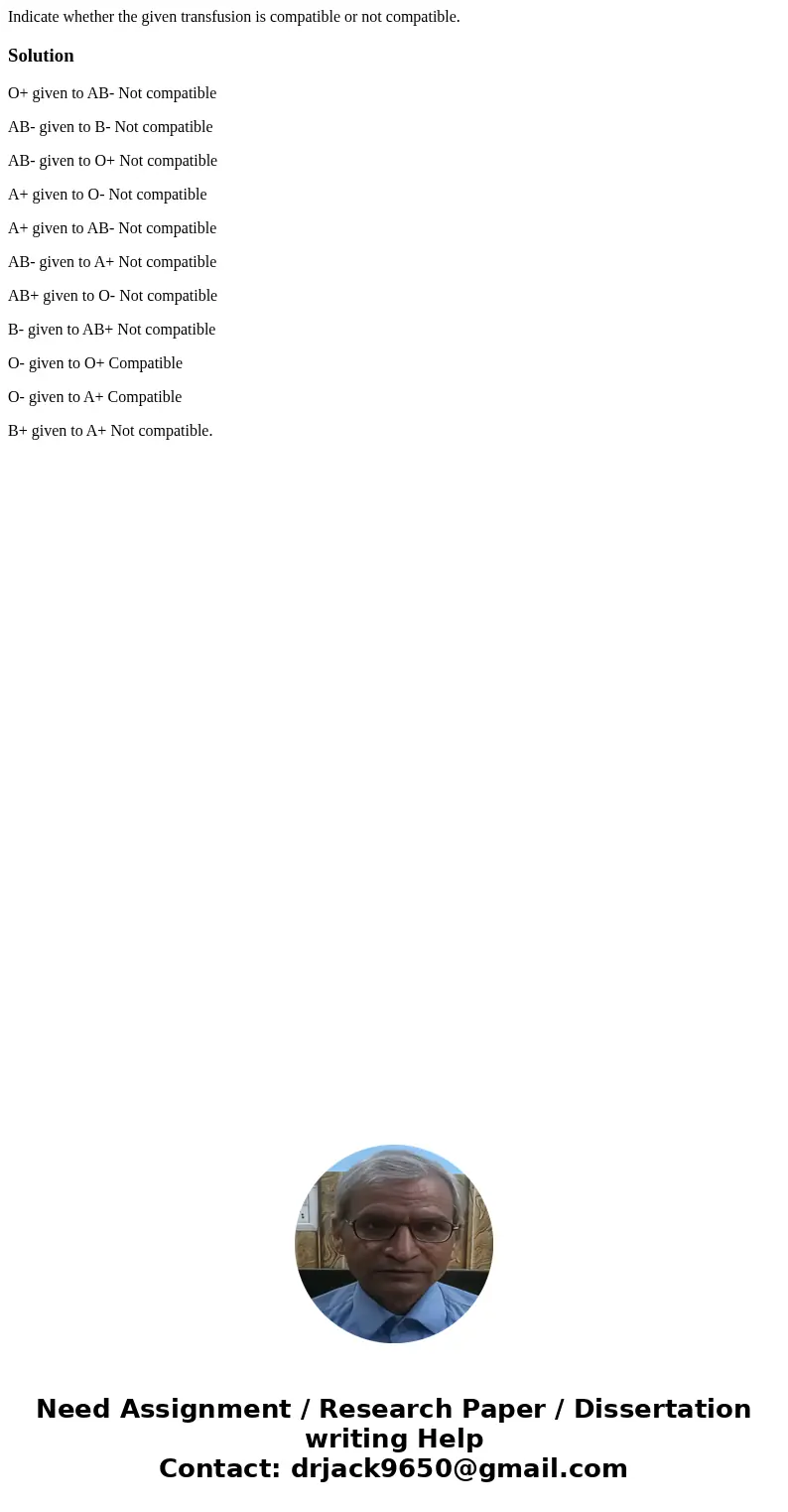 Indicate whether the given transfusion is compatible or not compatible. SolutionO+ given to AB- Not compatible AB- given to B- Not compatible AB- given to O+ N  Indicate whether the given transfusion is compatible or not compatible. SolutionO+ given to AB- Not compatible AB- given to B- Not compatible AB- given to O+ N