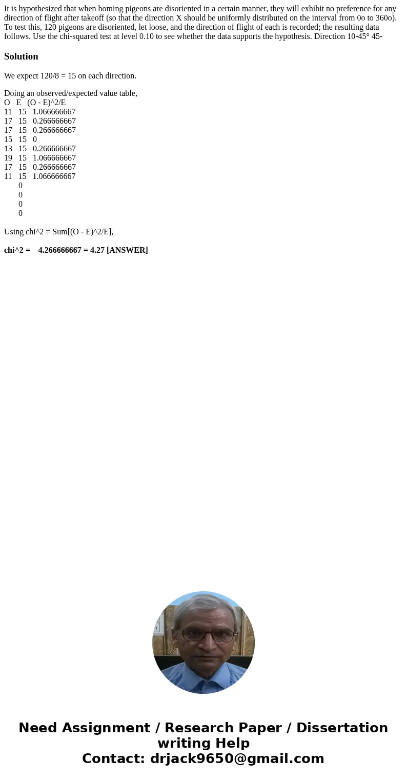 It is hypothesized that when homing pigeons are disoriented in a certain manner, they will exhibit no preference for any direction of flight after takeoff (so   It is hypothesized that when homing pigeons are disoriented in a certain manner, they will exhibit no preference for any direction of flight after takeoff (so