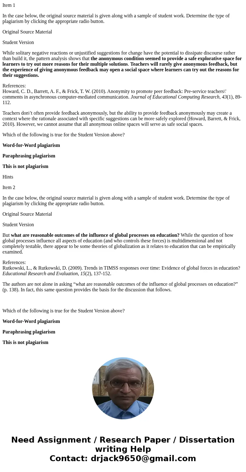 Item 1 In the case below, the original source material is given along with a sample of student work. Determine the type of plagiarism by clicking the appropriat Item 1 In the case below, the original source material is given along with a sample of student work. Determine the type of plagiarism by clicking the appropriat