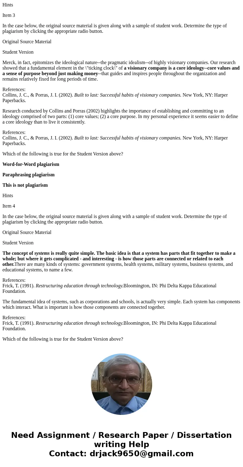 Item 1 In the case below, the original source material is given along with a sample of student work. Determine the type of plagiarism by clicking the appropriat Item 1 In the case below, the original source material is given along with a sample of student work. Determine the type of plagiarism by clicking the appropriat
