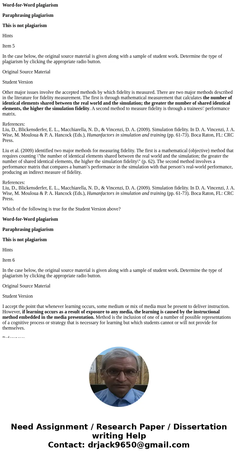Item 1 In the case below, the original source material is given along with a sample of student work. Determine the type of plagiarism by clicking the appropriat Item 1 In the case below, the original source material is given along with a sample of student work. Determine the type of plagiarism by clicking the appropriat