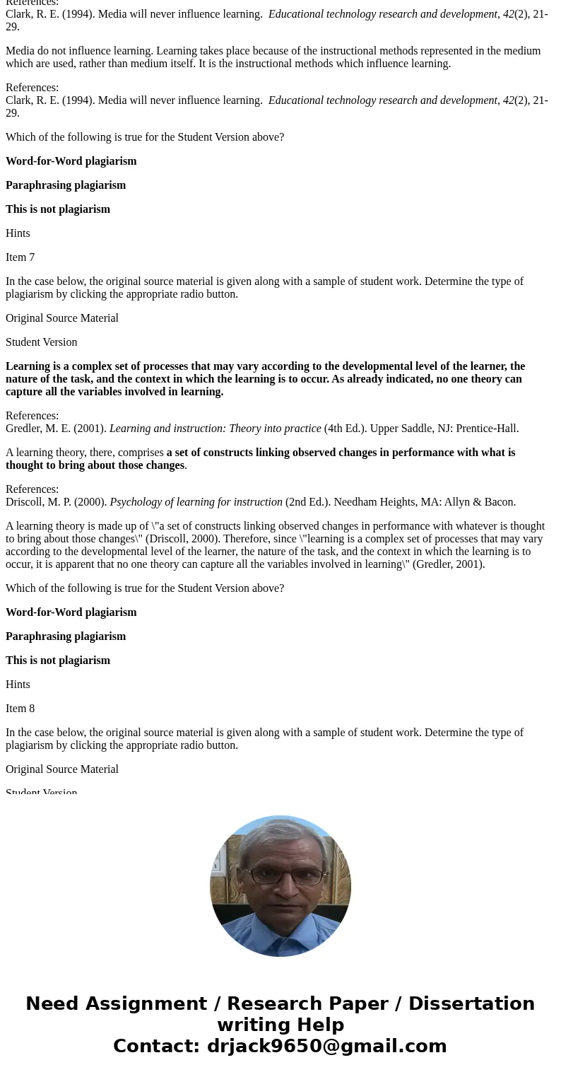 Item 1 In the case below, the original source material is given along with a sample of student work. Determine the type of plagiarism by clicking the appropriat Item 1 In the case below, the original source material is given along with a sample of student work. Determine the type of plagiarism by clicking the appropriat