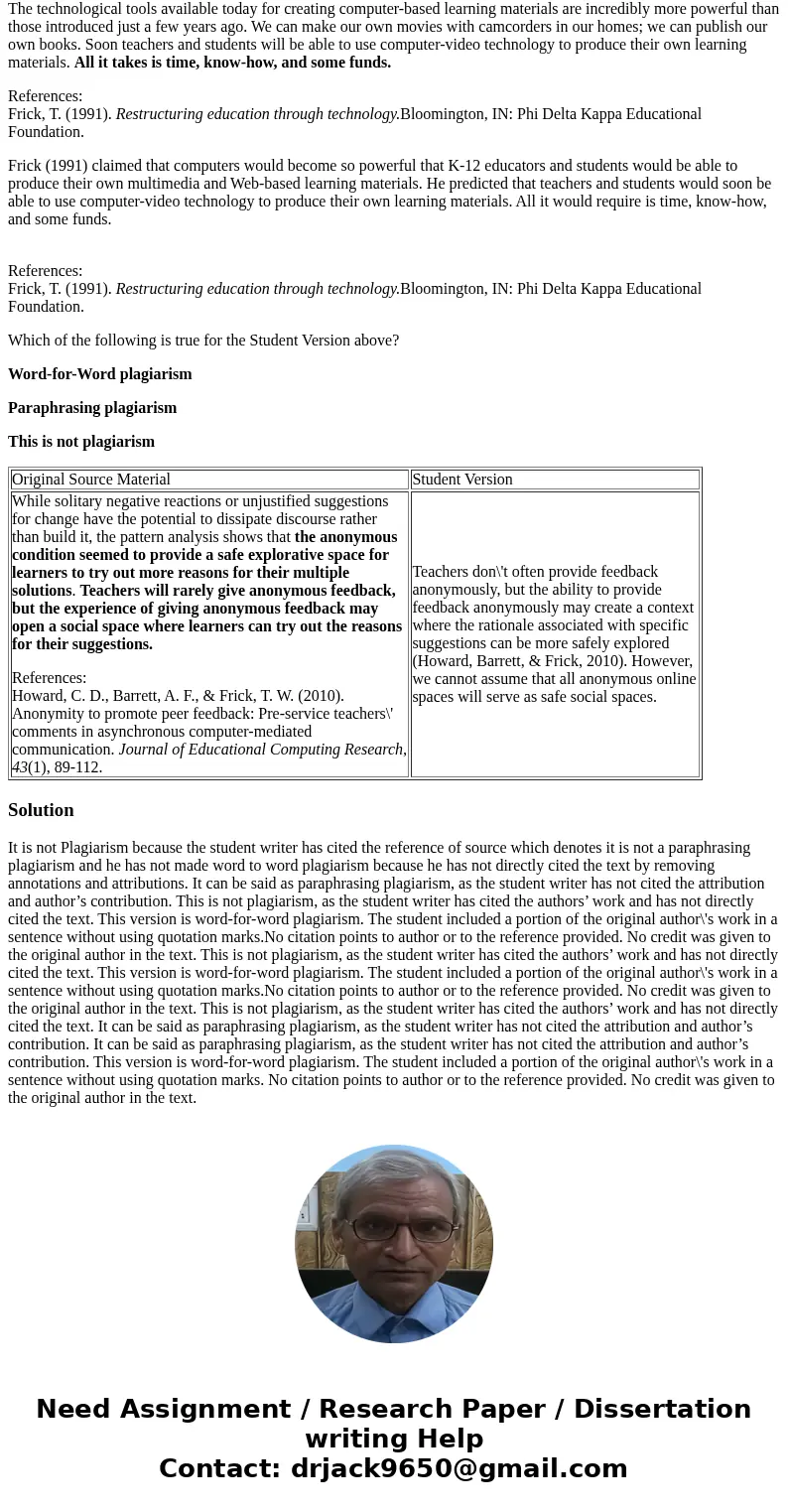 Item 1 In the case below, the original source material is given along with a sample of student work. Determine the type of plagiarism by clicking the appropriat Item 1 In the case below, the original source material is given along with a sample of student work. Determine the type of plagiarism by clicking the appropriat