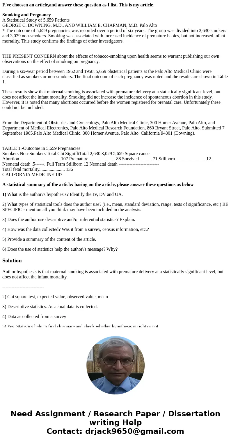 I\'ve choosen an article,and answer these question as I list. This is my article Smoking and Pregnancy A Statistical Study of 5,659 Patients GEORGE C. DOWNING, 
