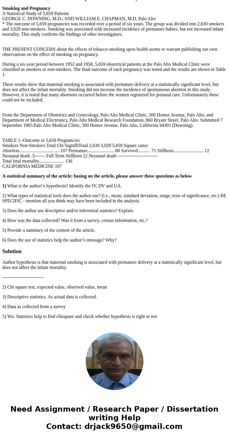 I\'ve choosen an article,and answer these question as I list. This is my article Smoking and Pregnancy A Statistical Study of 5,659 Patients GEORGE C. DOWNING, 