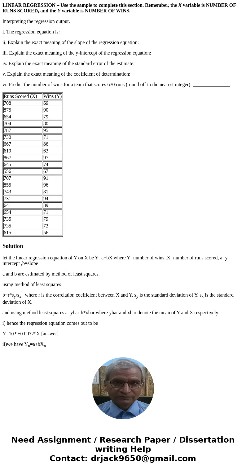 LINEAR REGRESSION – Use the sample to complete this section. Remember, the X variable is NUMBER OF RUNS SCORED, and the Y variable is NUMBER OF WINS. Interpreti LINEAR REGRESSION – Use the sample to complete this section. Remember, the X variable is NUMBER OF RUNS SCORED, and the Y variable is NUMBER OF WINS. Interpreti