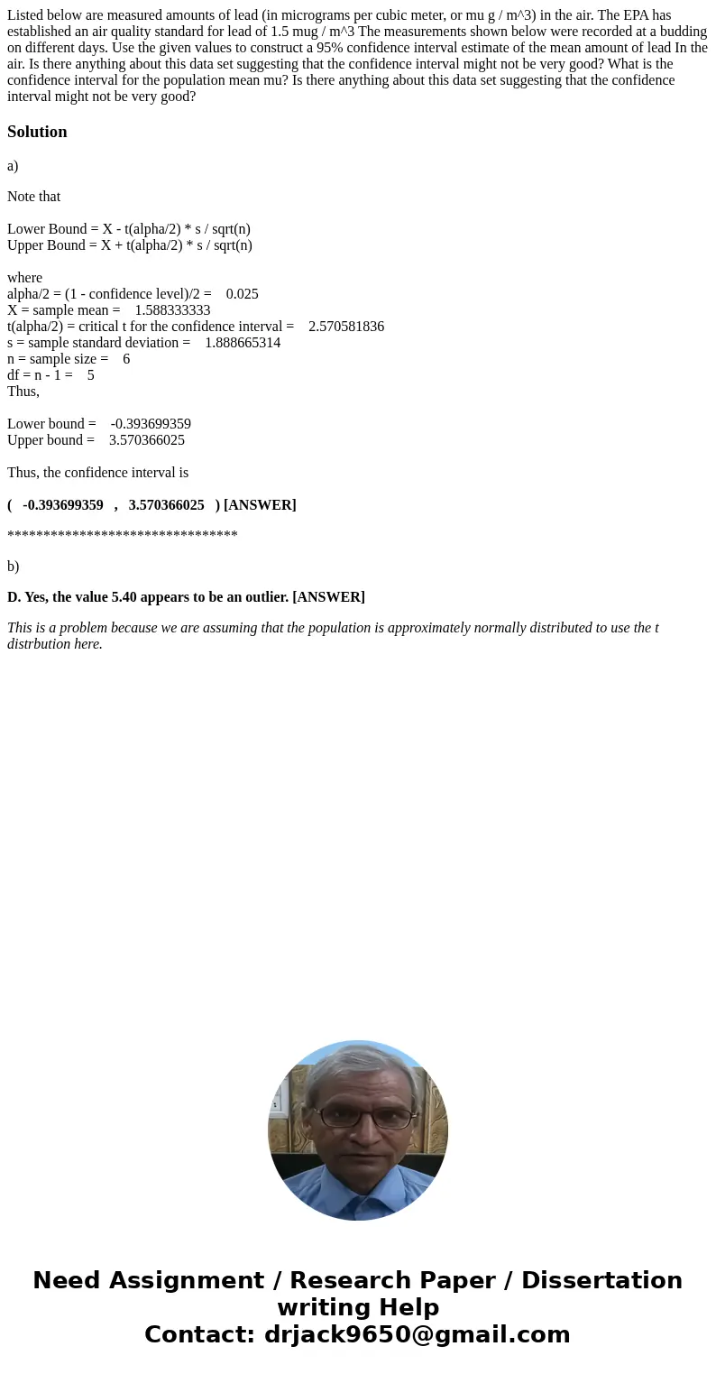  Listed below are measured amounts of lead (in micrograms per cubic meter, or mu g / m^3) in the air. The EPA has established an air quality standard for lead o
