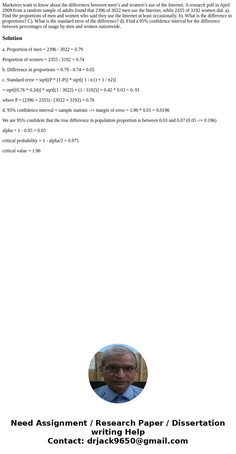 Marketers want to know about the differences between men\'s and women\'s use of the Internet. A research poll in April 2009 from a random sample of adults found Marketers want to know about the differences between men\'s and women\'s use of the Internet. A research poll in April 2009 from a random sample of adults found