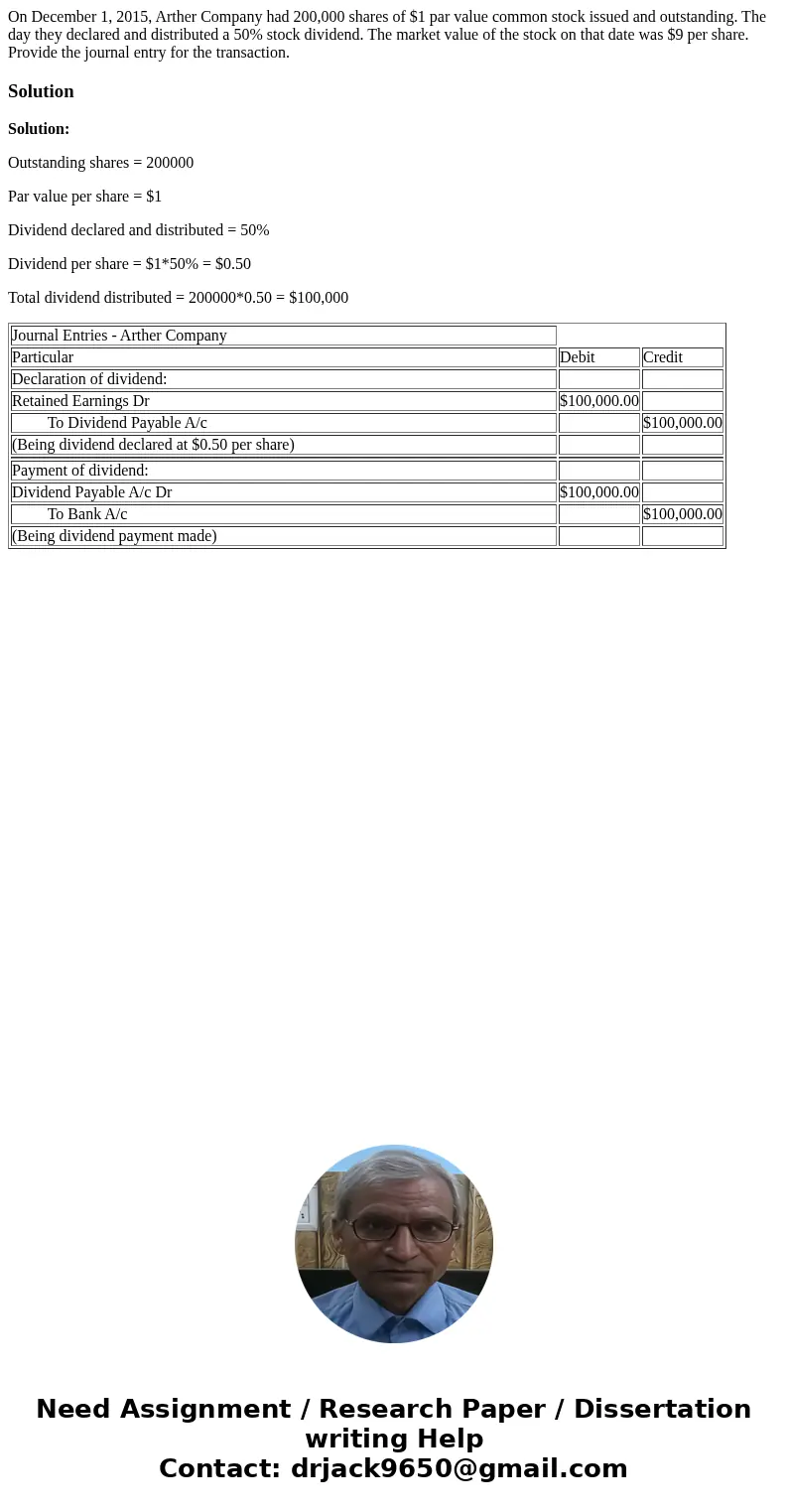 On December 1, 2015, Arther Company had 200,000 shares of $1 par value common stock issued and outstanding. The day they declared and distributed a 50% stock di