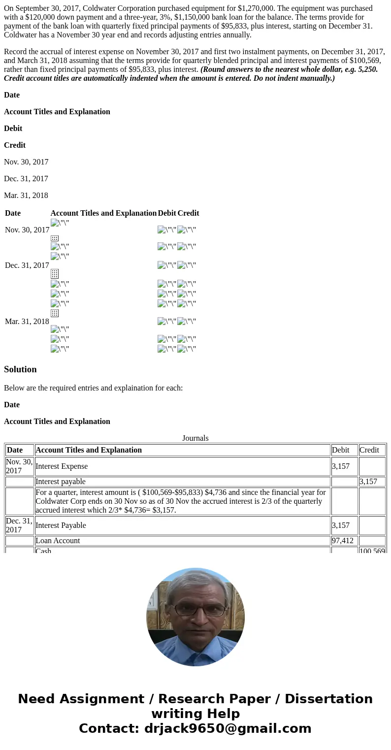 On September 30, 2017, Coldwater Corporation purchased equipment for $1,270,000. The equipment was purchased with a $120,000 down payment and a three-year, 3%, 
