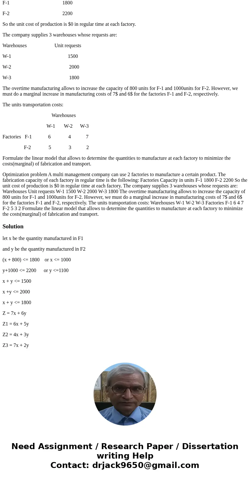 Optimization problem A multi management company can use 2 factories to manufacture a certain product. The fabrication capacity of each factory in regular time i Optimization problem A multi management company can use 2 factories to manufacture a certain product. The fabrication capacity of each factory in regular time i