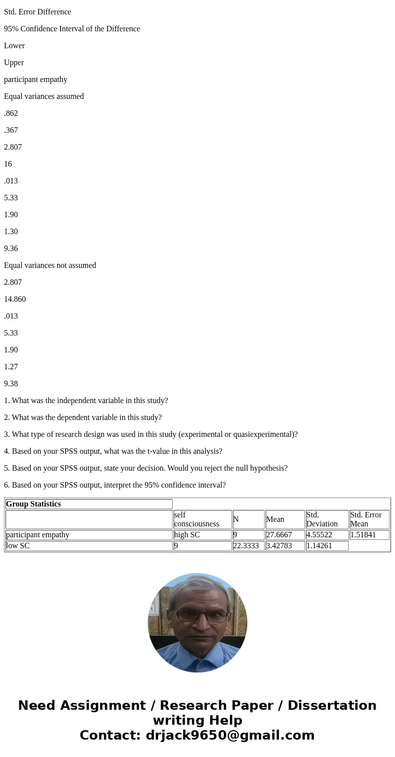 Part I: Dr. X conducts a study on the effect of self-consciousness on empathy. Participants in the study are randomly assigned to one of two groups. Participant