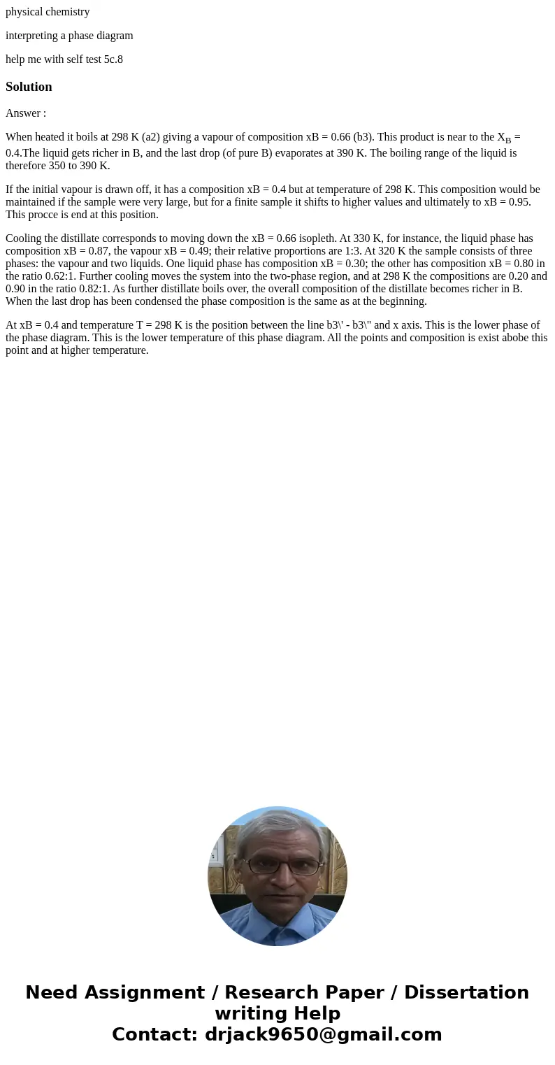 physical chemistry interpreting a phase diagram help me with self test 5c.8SolutionAnswer : When heated it boils at 298 K (a2) giving a vapour of composition xB physical chemistry interpreting a phase diagram help me with self test 5c.8SolutionAnswer : When heated it boils at 298 K (a2) giving a vapour of composition xB