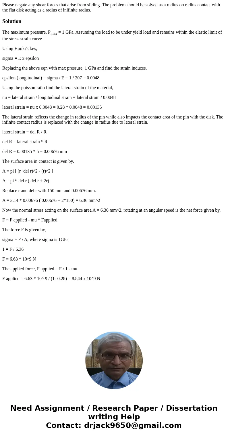 Please negate any shear forces that arise from sliding. The problem should be solved as a radius on radius contact with the flat disk acting as a radius of ini  Please negate any shear forces that arise from sliding. The problem should be solved as a radius on radius contact with the flat disk acting as a radius of ini