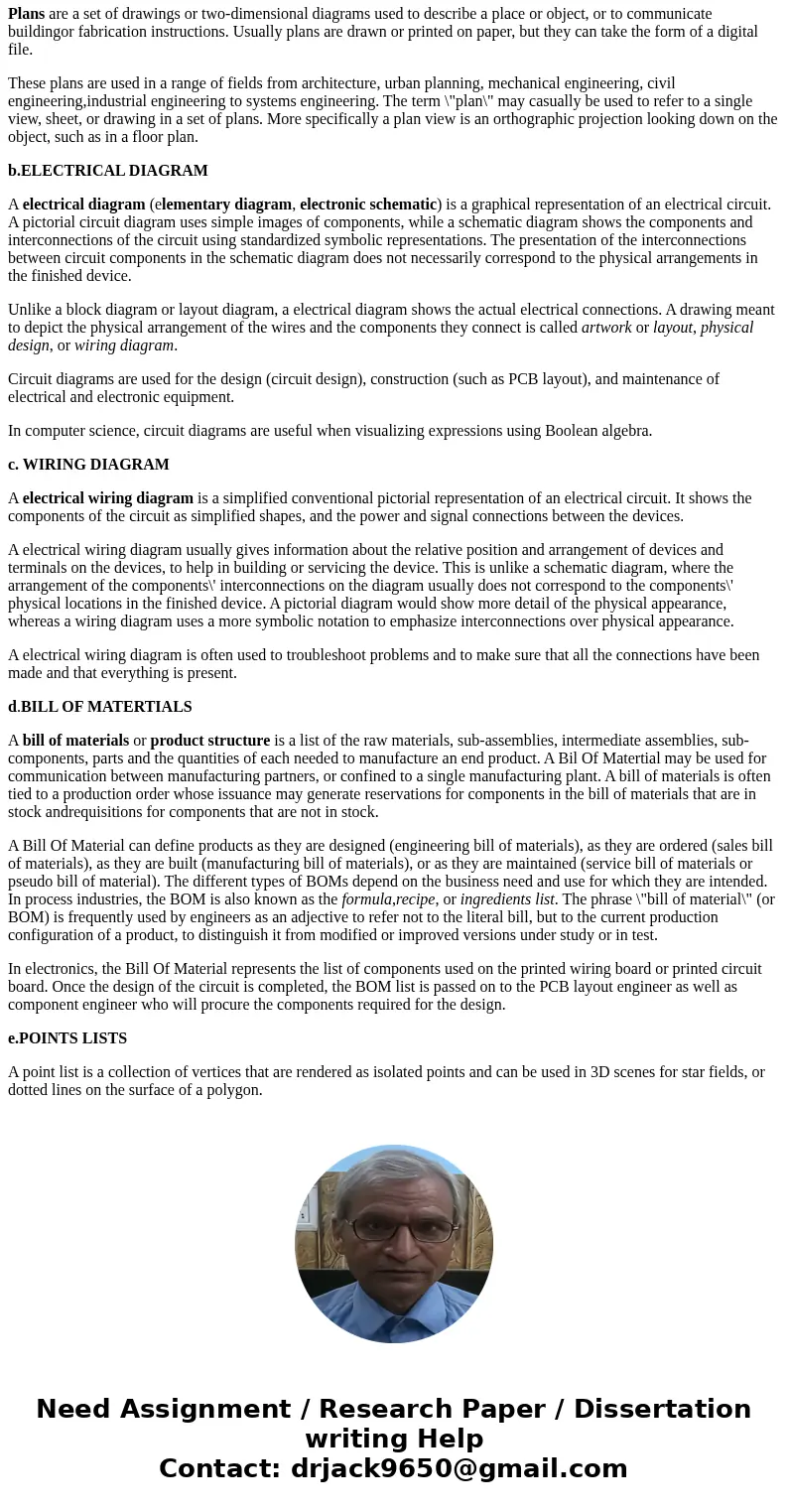 Please provide a detailed answer Explain the purpose and function of a. Purpose of plan view diagram b. Electrical diagram c. Wiring diagram d. Bill of material Please provide a detailed answer Explain the purpose and function of a. Purpose of plan view diagram b. Electrical diagram c. Wiring diagram d. Bill of material