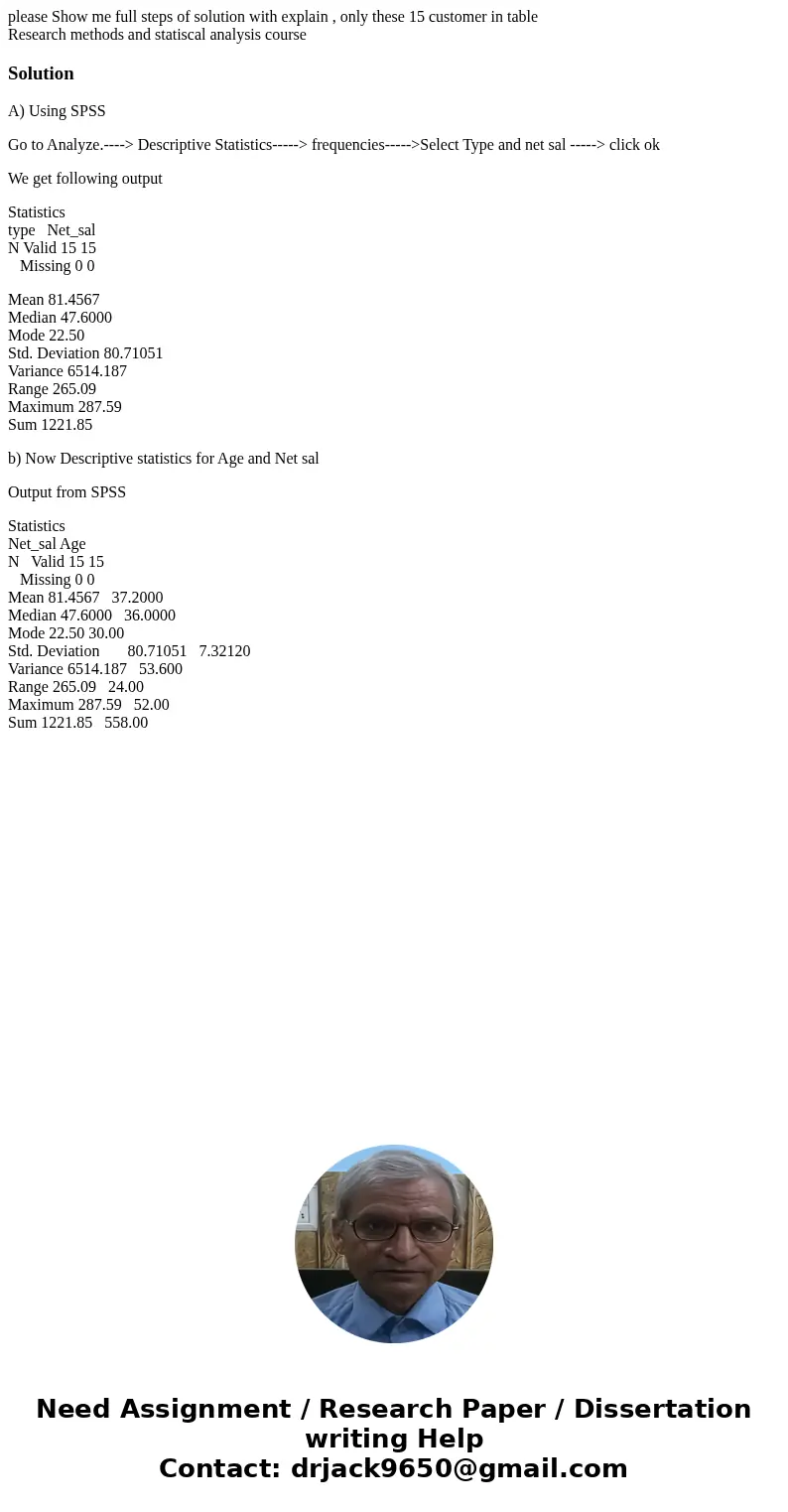 please Show me full steps of solution with explain , only these 15 customer in table Research methods and statiscal analysis courseSolutionA) Using SPSS Go to A