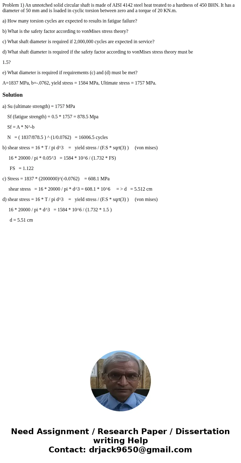 Problem 1) An unnotched solid circular shaft is made of AISI 4142 steel heat treated to a hardness of 450 BHN. It has a diameter of 50 mm and is loaded in cycli Problem 1) An unnotched solid circular shaft is made of AISI 4142 steel heat treated to a hardness of 450 BHN. It has a diameter of 50 mm and is loaded in cycli