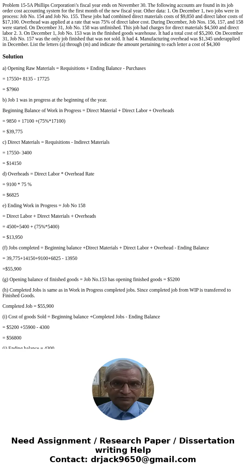 Problem 15-5A Phillips Corporation\'s fiscal year ends on November 30. The following accounts are found in its job order cost accounting system for the first m  Problem 15-5A Phillips Corporation\'s fiscal year ends on November 30. The following accounts are found in its job order cost accounting system for the first m