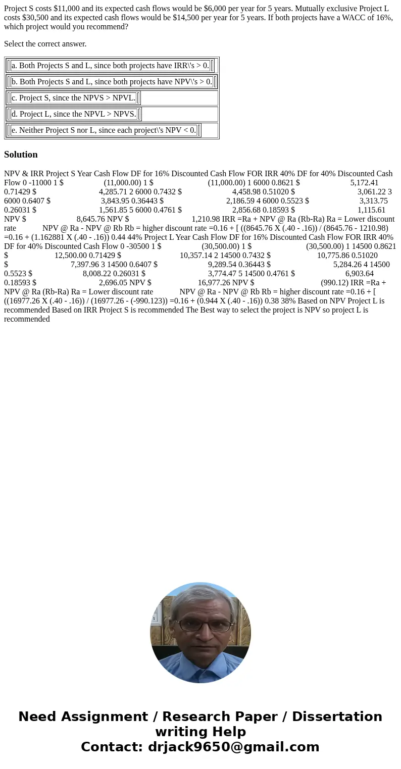 Project S costs $11,000 and its expected cash flows would be $6,000 per year for 5 years. Mutually exclusive Project L costs $30,500 and its expected cash flows