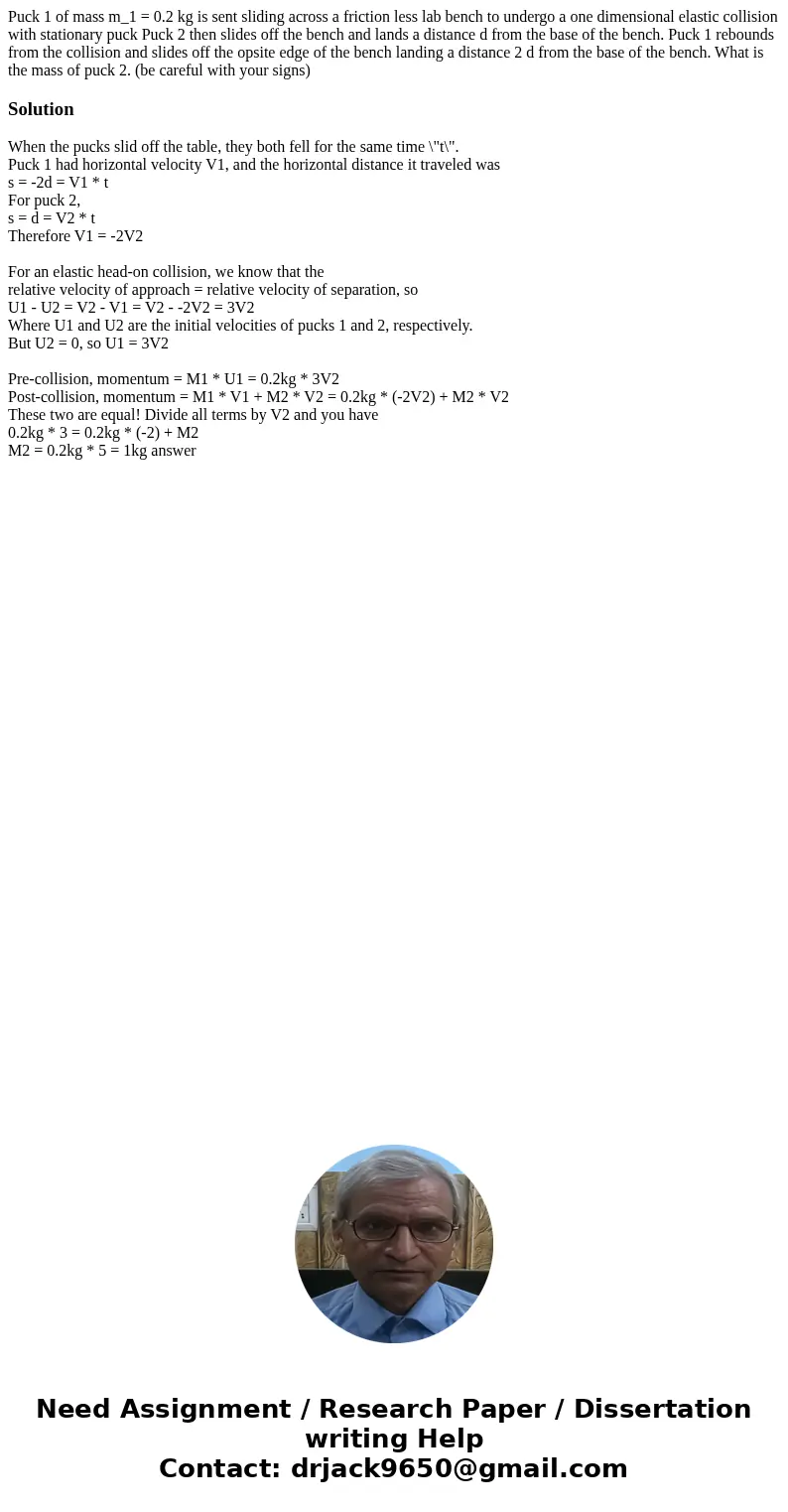  Puck 1 of mass m_1 = 0.2 kg is sent sliding across a friction less lab bench to undergo a one dimensional elastic collision with stationary puck Puck 2 then sl