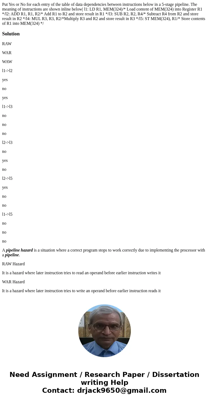  Put Yes or No for each entry of the table of data dependencies between instructions below in a 5-stage pipeline. The meaning of instructions are shown inline b