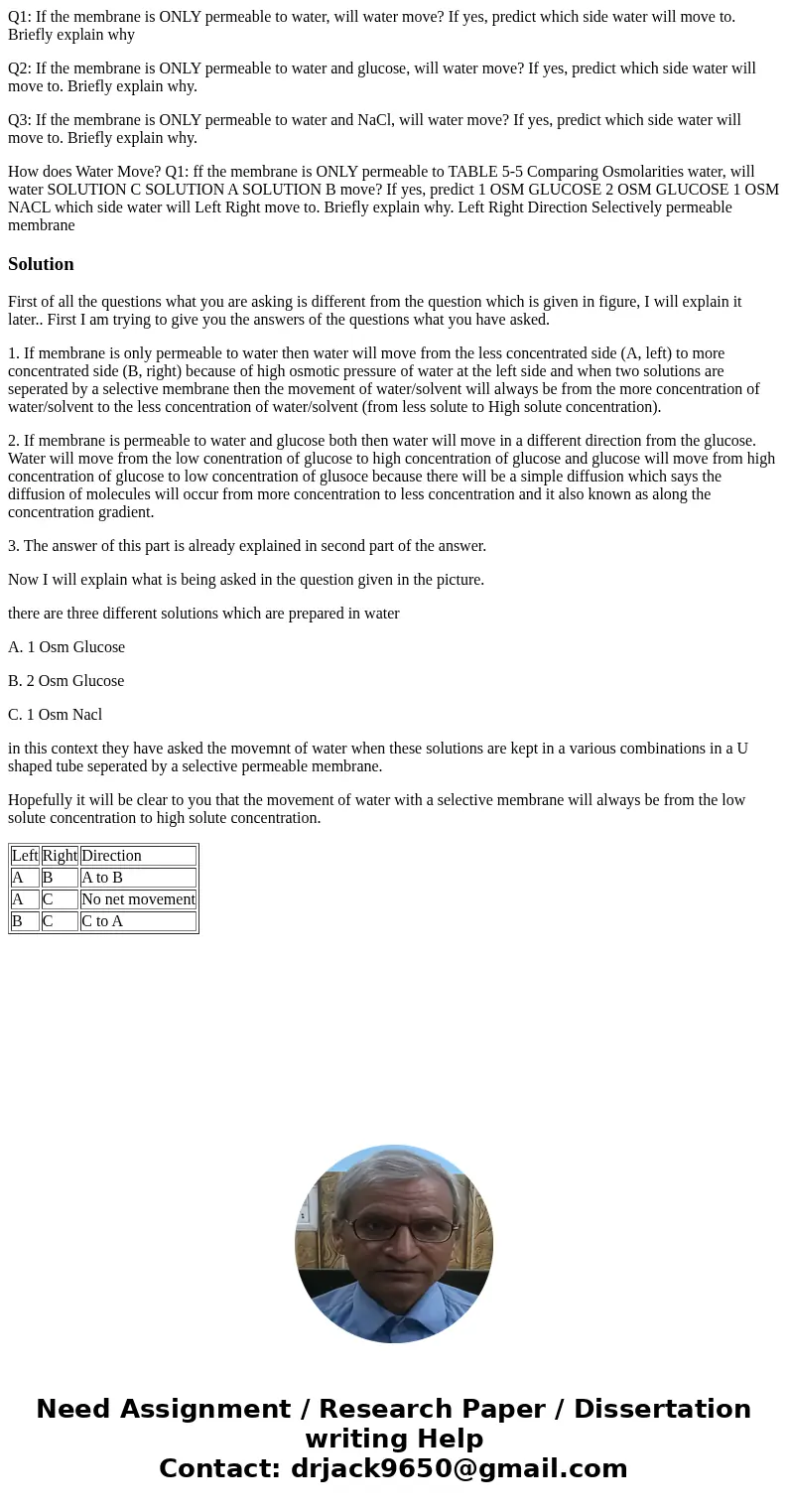 Q1: If the membrane is ONLY permeable to water, will water move? If yes, predict which side water will move to. Briefly explain why Q2: If the membrane is ONLY  Q1: If the membrane is ONLY permeable to water, will water move? If yes, predict which side water will move to. Briefly explain why Q2: If the membrane is ONLY