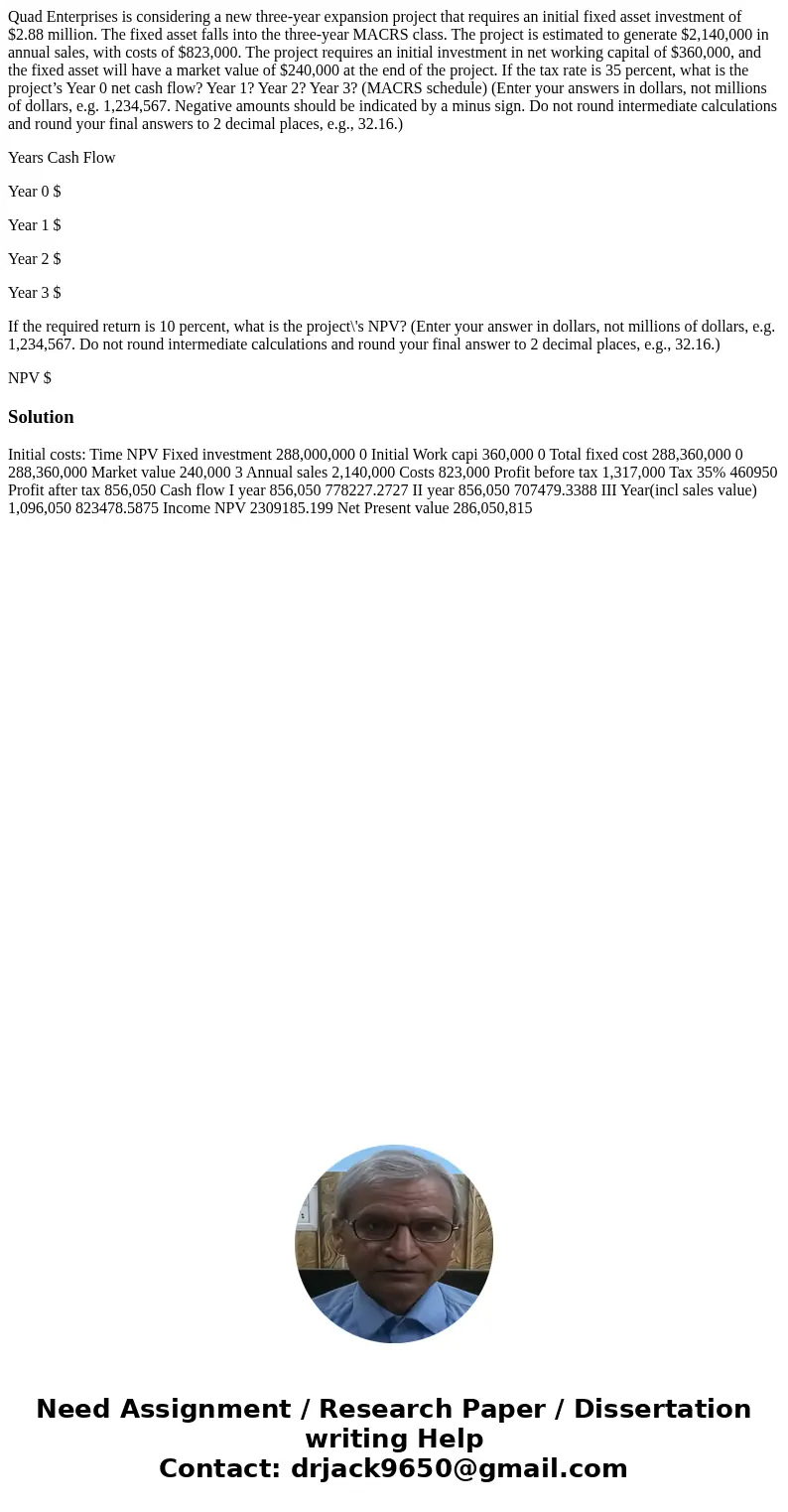 Quad Enterprises is considering a new three-year expansion project that requires an initial fixed asset investment of $2.88 million. The fixed asset falls into  Quad Enterprises is considering a new three-year expansion project that requires an initial fixed asset investment of $2.88 million. The fixed asset falls into