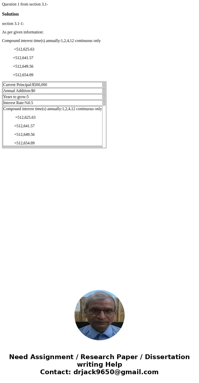 Question 1 from section 3.1-Solutionsection 3.1-1: As per given information: Compound interest time(s) annually:1,2,4,12 continuous only =512,625.63 =512,641.57