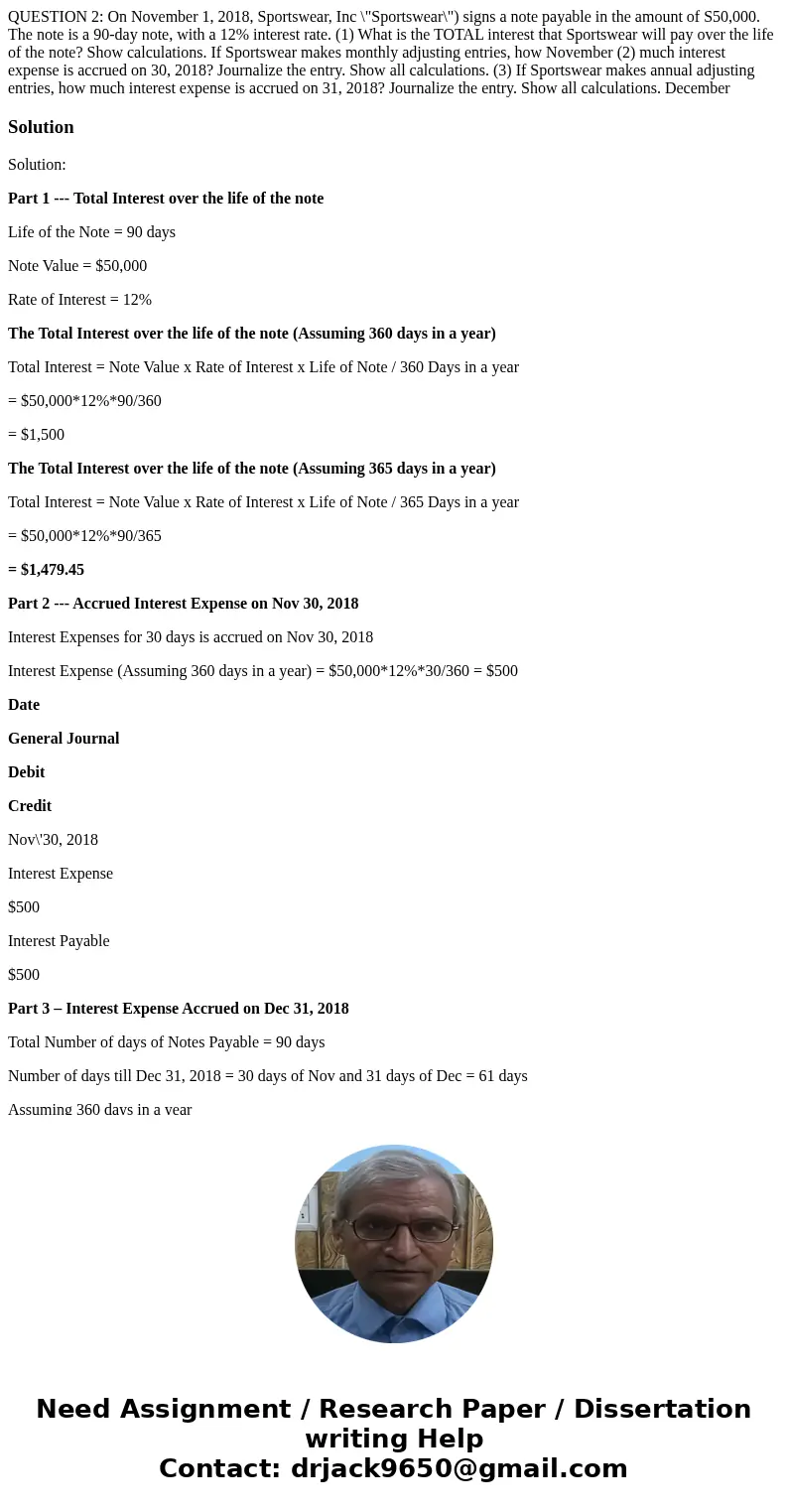 QUESTION 2: On November 1, 2018, Sportswear, Inc \  QUESTION 2: On November 1, 2018, Sportswear, Inc \