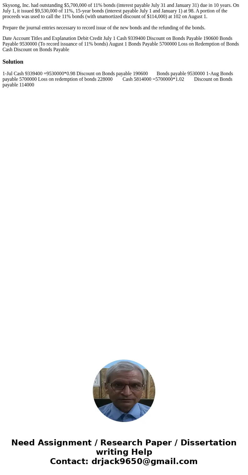 Skysong, Inc. had outstanding $5,700,000 of 11% bonds (interest payable July 31 and January 31) due in 10 years. On July 1, it issued $9,530,000 of 11%, 15-year