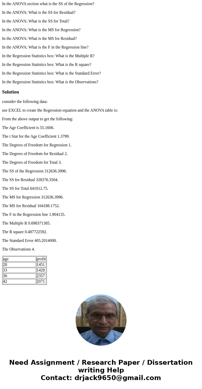 Starting with the bottom box: what is the Intercept Coefficient? What is the Age Coefficient? What is the t Stat for the Age Coefficient? In the ANOVA box: What Starting with the bottom box: what is the Intercept Coefficient? What is the Age Coefficient? What is the t Stat for the Age Coefficient? In the ANOVA box: What