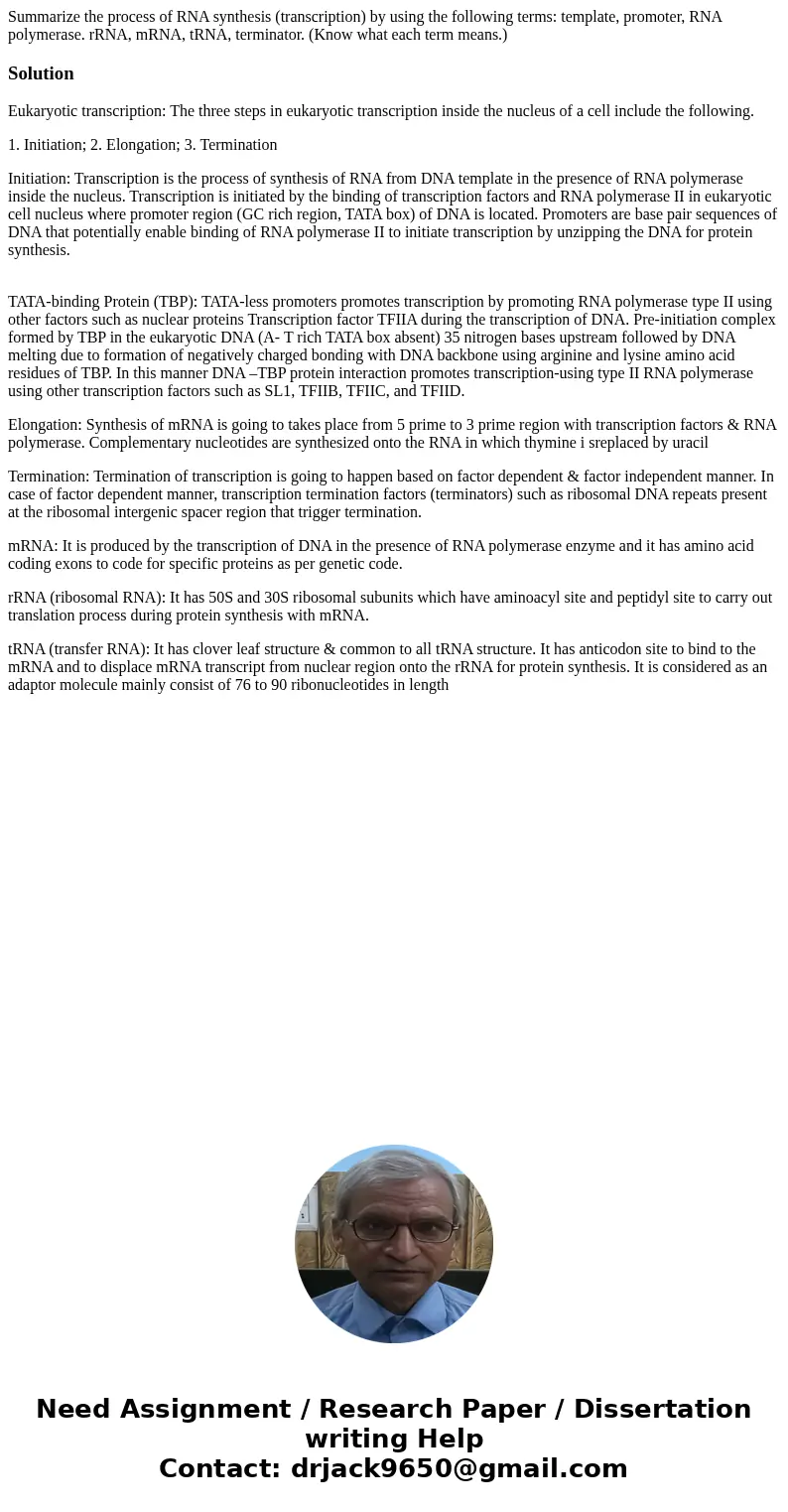 Summarize the process of RNA synthesis (transcription) by using the following terms: template, promoter, RNA polymerase. rRNA, mRNA, tRNA, terminator. (Know wh  Summarize the process of RNA synthesis (transcription) by using the following terms: template, promoter, RNA polymerase. rRNA, mRNA, tRNA, terminator. (Know wh