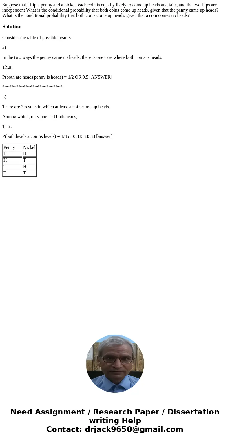  Suppose that I flip a penny and a nickel, each coin is equally likely to come up heads and tails, and the two flips are independent What is the conditional pro