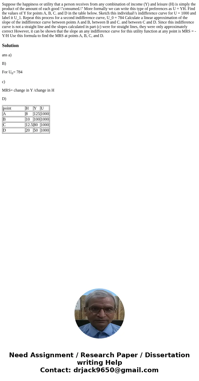  Suppose the happiness or utility that a person receives from any combination of income (Y) and leisure (H) is simply the product of the amount of each good \