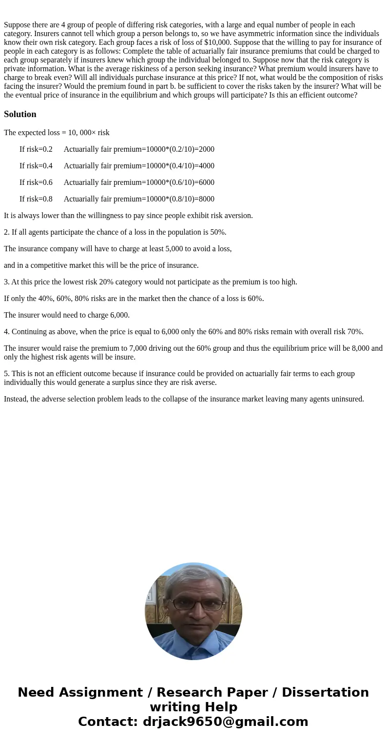 Suppose there are 4 group of people of differing risk categories, with a large and equal number of people in each category. Insurers cannot tell which group a   Suppose there are 4 group of people of differing risk categories, with a large and equal number of people in each category. Insurers cannot tell which group a