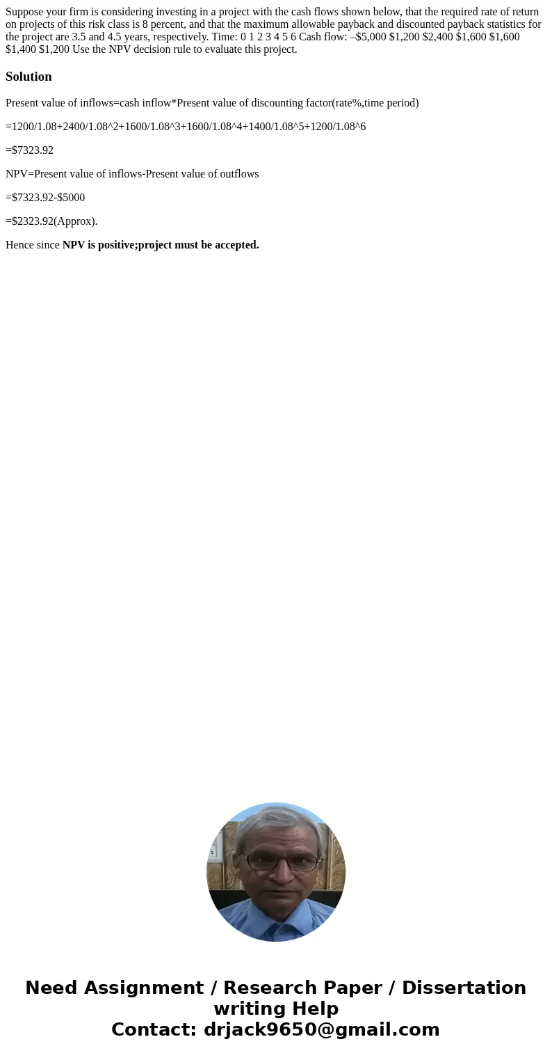 Suppose your firm is considering investing in a project with the cash flows shown below, that the required rate of return on projects of this risk class is 8 pe Suppose your firm is considering investing in a project with the cash flows shown below, that the required rate of return on projects of this risk class is 8 pe