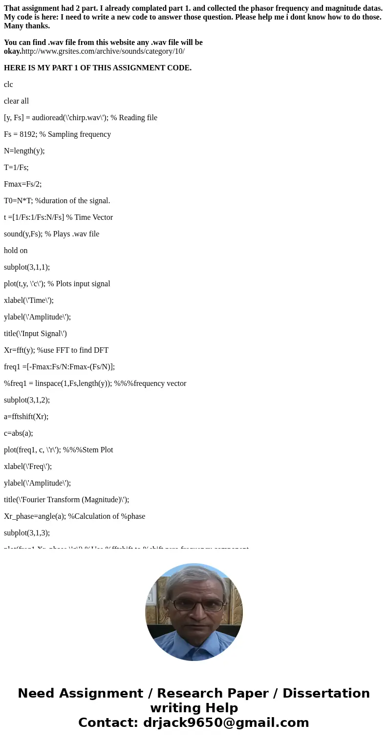 That assignment had 2 part. I already complated part 1. and collected the phasor frequency and magnitude datas. My code is here: I need to write a new code to a