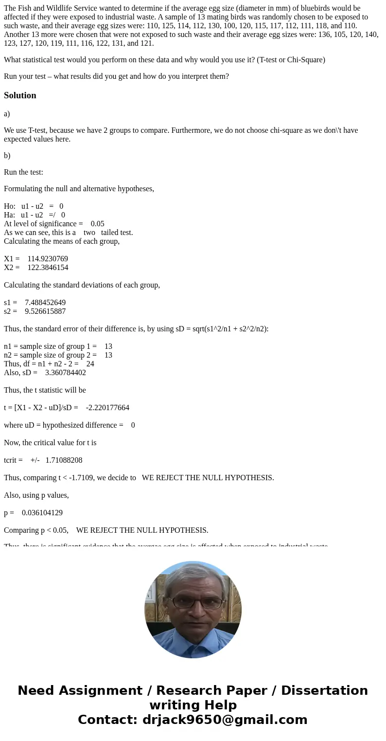 The Fish and Wildlife Service wanted to determine if the average egg size (diameter in mm) of bluebirds would be affected if they were exposed to industrial was The Fish and Wildlife Service wanted to determine if the average egg size (diameter in mm) of bluebirds would be affected if they were exposed to industrial was