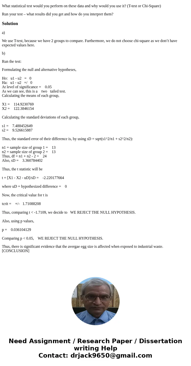 The Fish and Wildlife Service wanted to determine if the average egg size (diameter in mm) of bluebirds would be affected if they were exposed to industrial was The Fish and Wildlife Service wanted to determine if the average egg size (diameter in mm) of bluebirds would be affected if they were exposed to industrial was