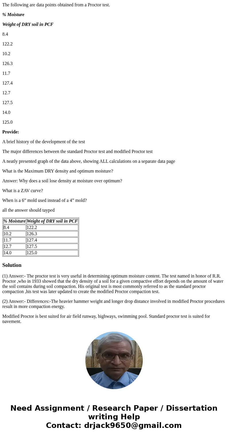 The following are data points obtained from a Proctor test. % Moisture Weight of DRY soil in PCF 8.4 122.2 10.2 126.3 11.7 127.4 12.7 127.5 14.0 125.0 Provide: 