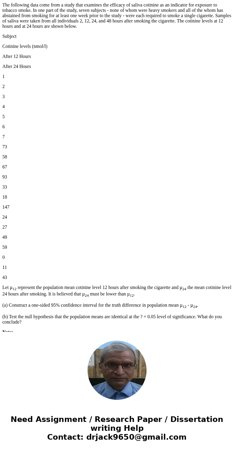 The following data come from a study that examines the efficacy of saliva cotinine as an indicator for exposure to tobacco smoke. In one part of the study, seve