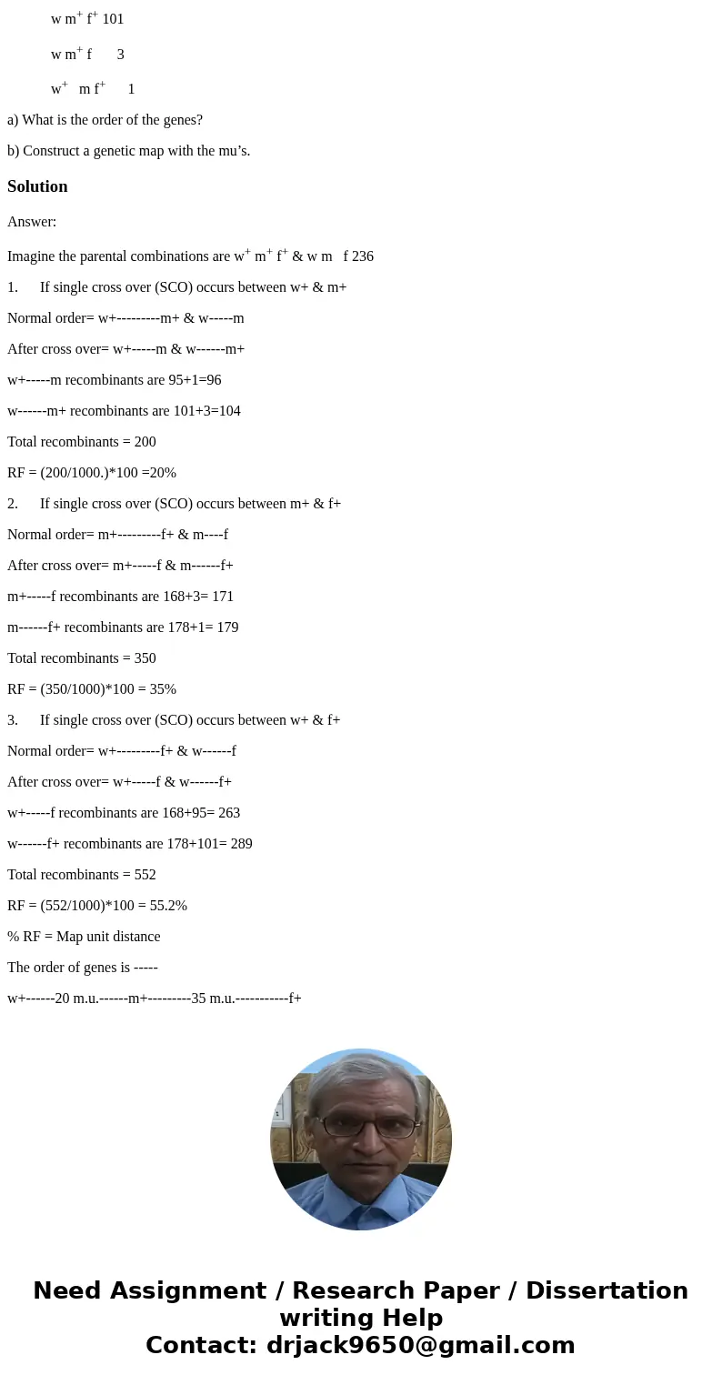 The following results were obtained for a testcross progeny in Drosophila. w+ m+ f+ 218 w m f 236 w+ m+ f 168 w m f+ 178 w+ m f 95 w m+ f+ 101 w m+ f 3 w+ m f+  The following results were obtained for a testcross progeny in Drosophila. w+ m+ f+ 218 w m f 236 w+ m+ f 168 w m f+ 178 w+ m f 95 w m+ f+ 101 w m+ f 3 w+ m f+