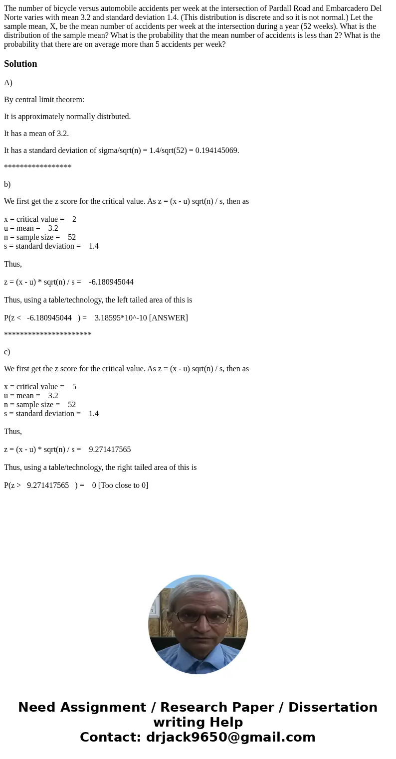 The number of bicycle versus automobile accidents per week at the intersection of Pardall Road and Embarcadero Del Norte varies with mean 3.2 and standard devi  The number of bicycle versus automobile accidents per week at the intersection of Pardall Road and Embarcadero Del Norte varies with mean 3.2 and standard devi