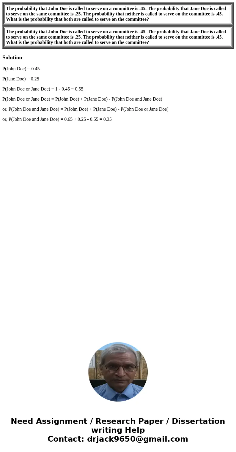  The probability that John Doe is called to serve on a committee is .45. The probability that Jane Doe is called to serve on the same committee is .25. The prob