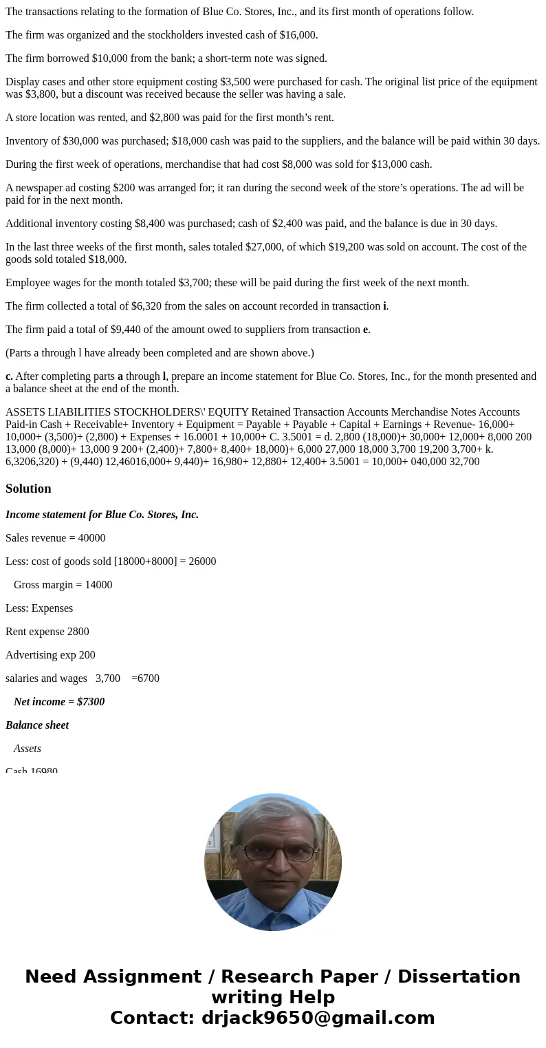 The transactions relating to the formation of Blue Co. Stores, Inc., and its first month of operations follow. The firm was organized and the stockholders inves