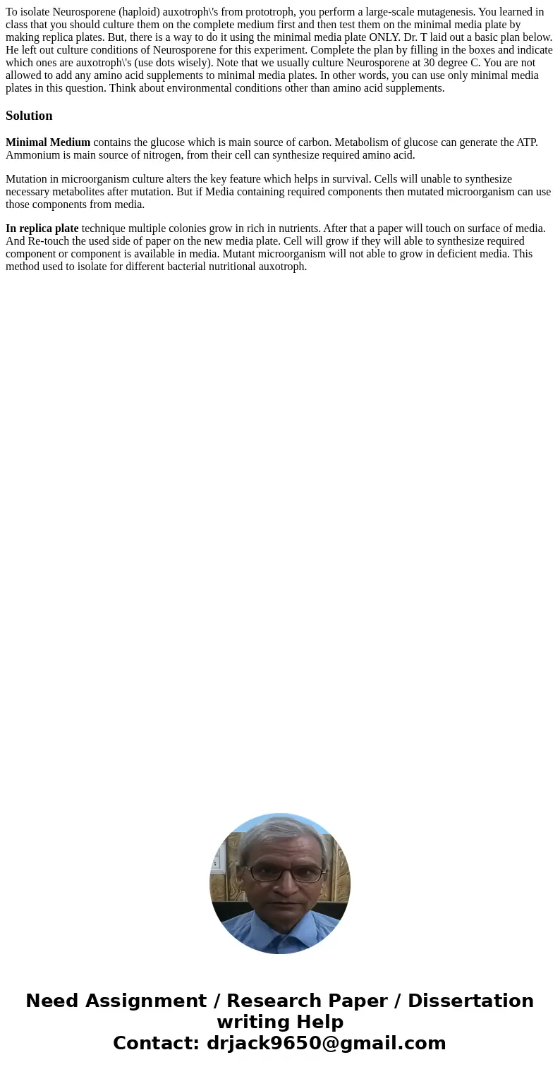 To isolate Neurosporene (haploid) auxotroph\'s from prototroph, you perform a large-scale mutagenesis. You learned in class that you should culture them on the  To isolate Neurosporene (haploid) auxotroph\'s from prototroph, you perform a large-scale mutagenesis. You learned in class that you should culture them on the
