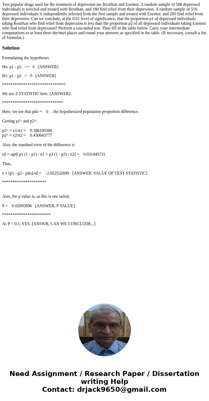 Two popular drugs used for the treatment of depression are Resithan and Exemor. A random sample of 586 depressed individuals is selected and treated with Resit  Two popular drugs used for the treatment of depression are Resithan and Exemor. A random sample of 586 depressed individuals is selected and treated with Resit