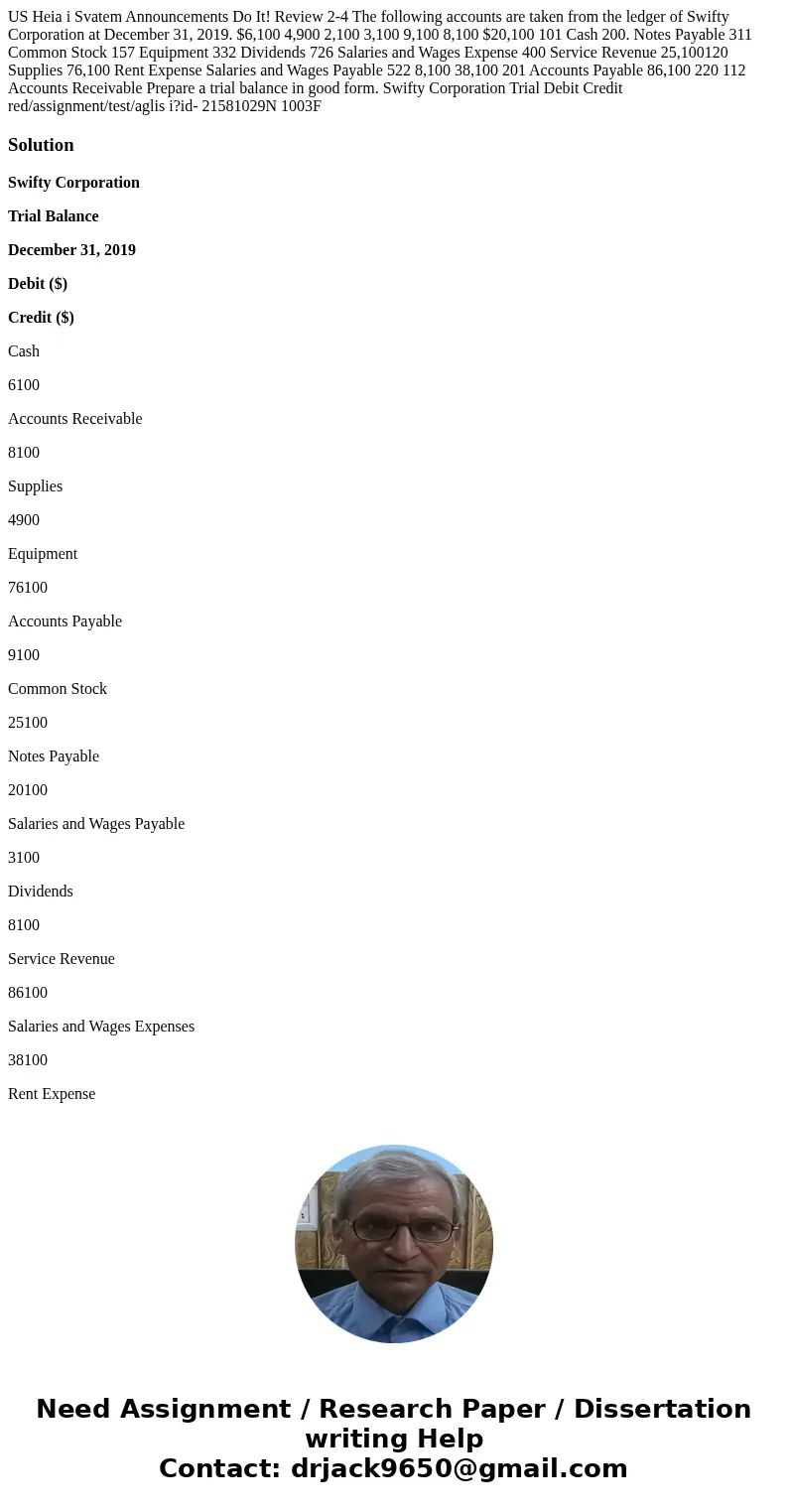  US Heia i Svatem Announcements Do It! Review 2-4 The following accounts are taken from the ledger of Swifty Corporation at December 31, 2019. $6,100 4,900 2,10